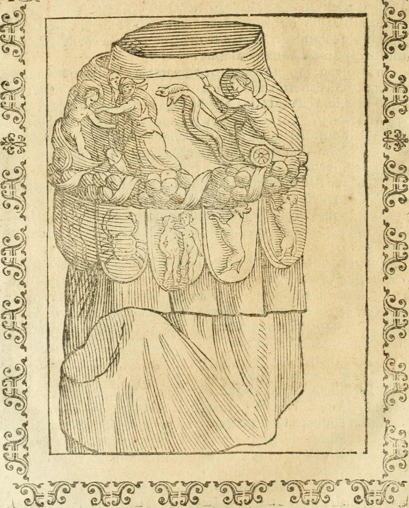 An illustration from Seconda nouissima editione delle Imagini de gli dei delli antichi di Vicenzo Cartari reggiano : ridotte da capo a piedi alle loro reali, & non più per l'adietro osseruate simiglianze : cauate da' marmi, bronzi, medaglie, gioie, & altre memorie antiche : con esquisito studio, & particolare diligenza, 1626, leaf 571