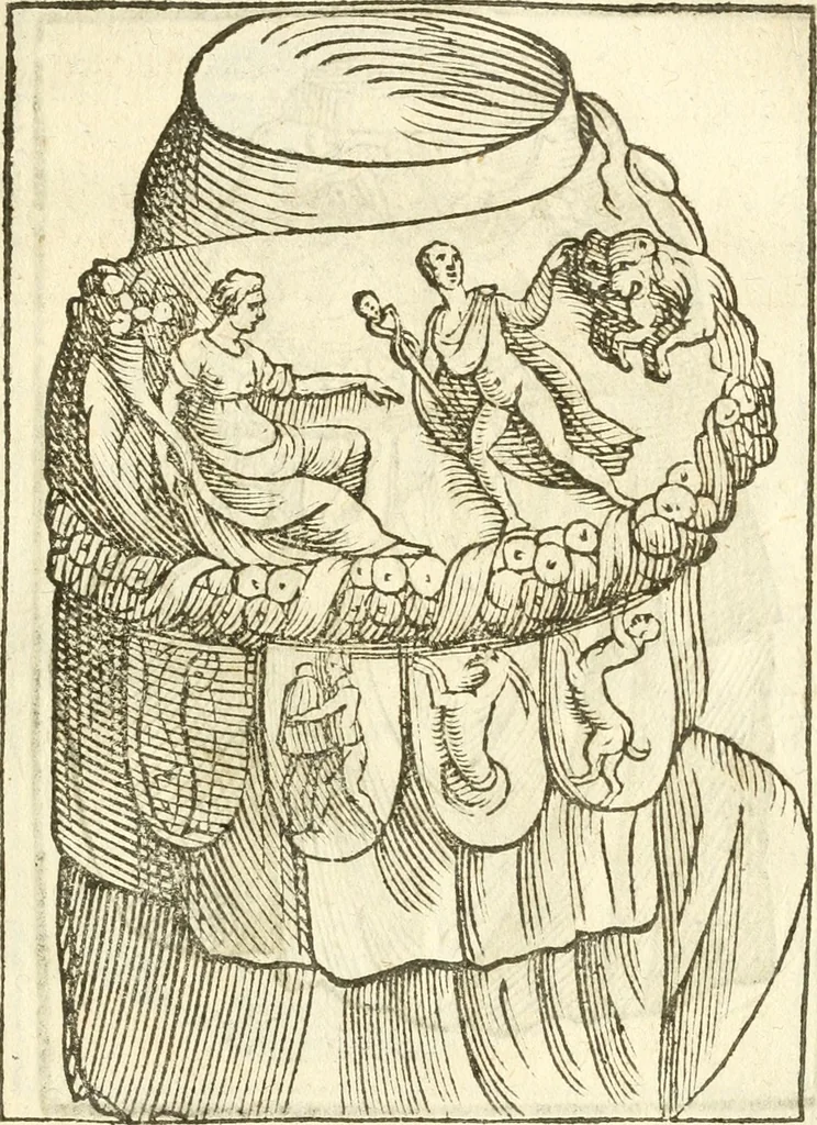 An illustration from Seconda nouissima editione delle Imagini de gli dei delli antichi di Vicenzo Cartari reggiano : ridotte da capo a piedi alle loro reali, & non più per l'adietro osseruate simiglianze : cauate da' marmi, bronzi, medaglie, gioie, & altre memorie antiche : con esquisito studio, & particolare diligenza, 1626, leaf 572