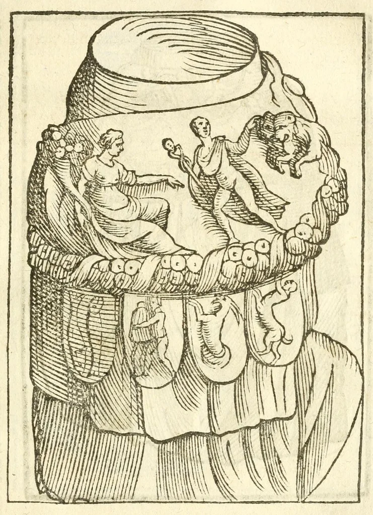 An illustration from Seconda nouissima editione delle Imagini de gli dei delli antichi di Vicenzo Cartari reggiano : ridotte da capo a piedi alle loro reali, & non più per l'adietro osseruate simiglianze : cauate da' marmi, bronzi, medaglie, gioie, & altre memorie antiche : con esquisito studio, & particolare diligenza, 1626, leaf 573