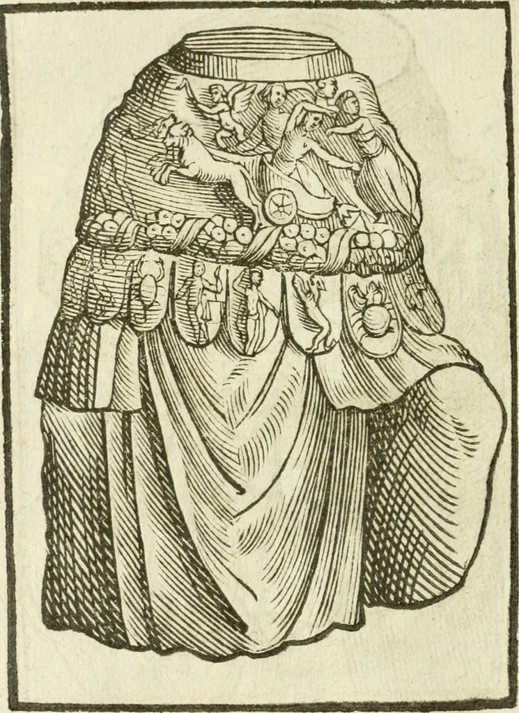 An illustration from Seconda nouissima editione delle Imagini de gli dei delli antichi di Vicenzo Cartari reggiano : ridotte da capo a piedi alle loro reali, & non più per l'adietro osseruate simiglianze : cauate da' marmi, bronzi, medaglie, gioie, & altre memorie antiche : con esquisito studio, & particolare diligenza, 1626, leaf 573