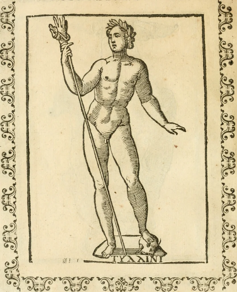 An illustration from Seconda nouissima editione delle Imagini de gli dei delli antichi di Vicenzo Cartari reggiano : ridotte da capo a piedi alle loro reali, & non più per l'adietro osseruate simiglianze : cauate da' marmi, bronzi, medaglie, gioie, & altre memorie antiche : con esquisito studio, & particolare diligenza, 1626, leaf 581