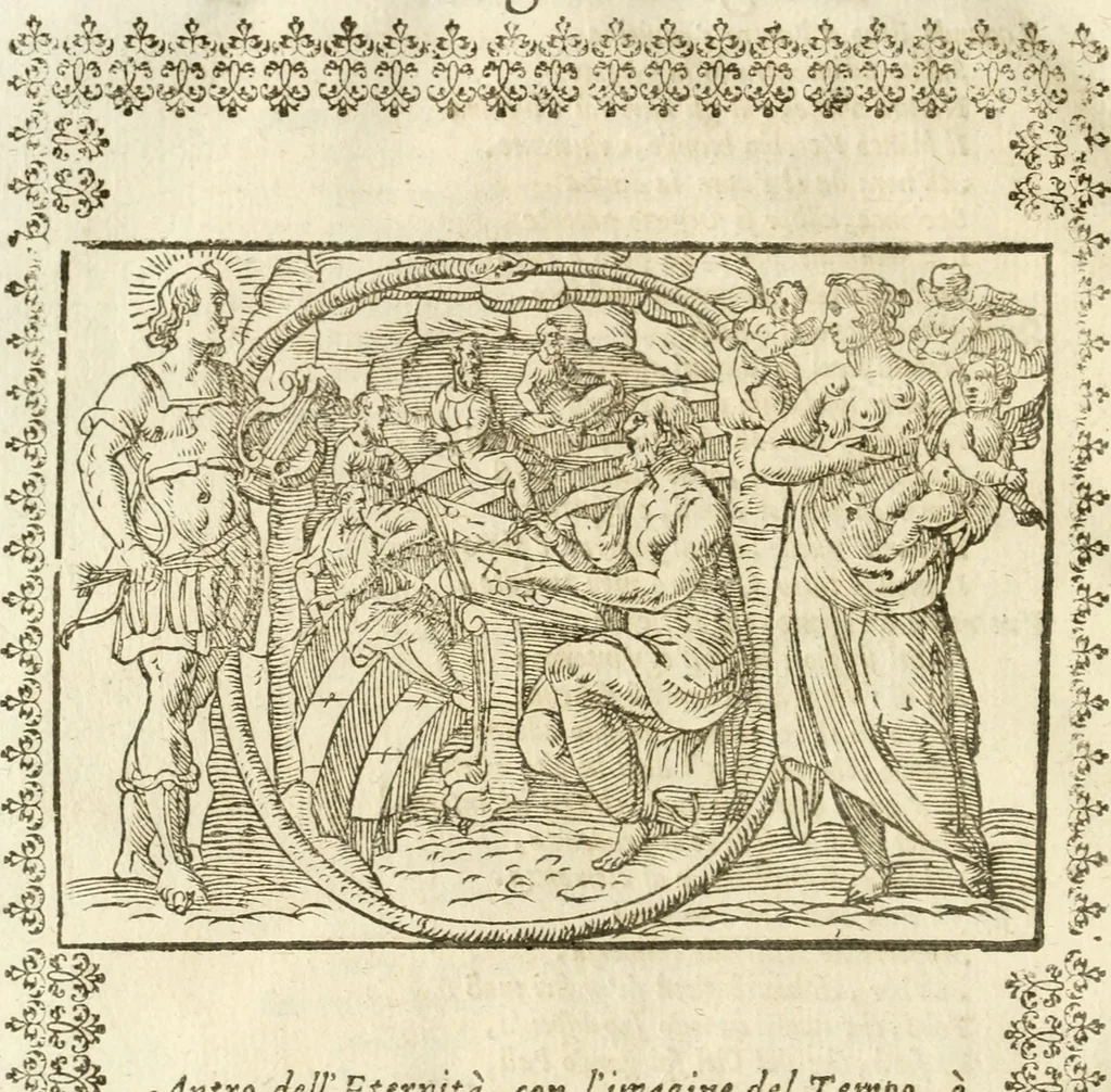 An illustration from Seconda nouissima editione delle Imagini de gli dei delli antichi di Vicenzo Cartari reggiano : ridotte da capo a piedi alle loro reali, & non più per l'adietro osseruate simiglianze : cauate da' marmi, bronzi, medaglie, gioie, & altre memorie antiche : con esquisito studio, & particolare diligenza, 1626, leaf 59