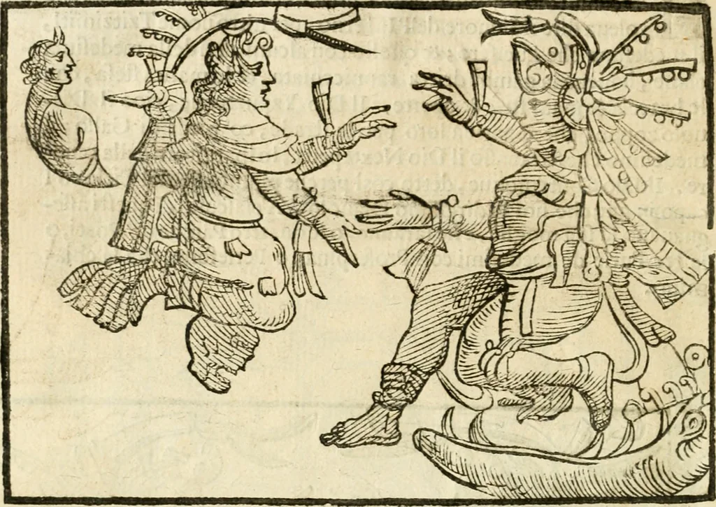 An illustration from Seconda nouissima editione delle Imagini de gli dei delli antichi di Vicenzo Cartari reggiano : ridotte da capo a piedi alle loro reali, & non più per l'adietro osseruate simiglianze : cauate da' marmi, bronzi, medaglie, gioie, & altre memorie antiche : con esquisito studio, & particolare diligenza, 1626, leaf 595
