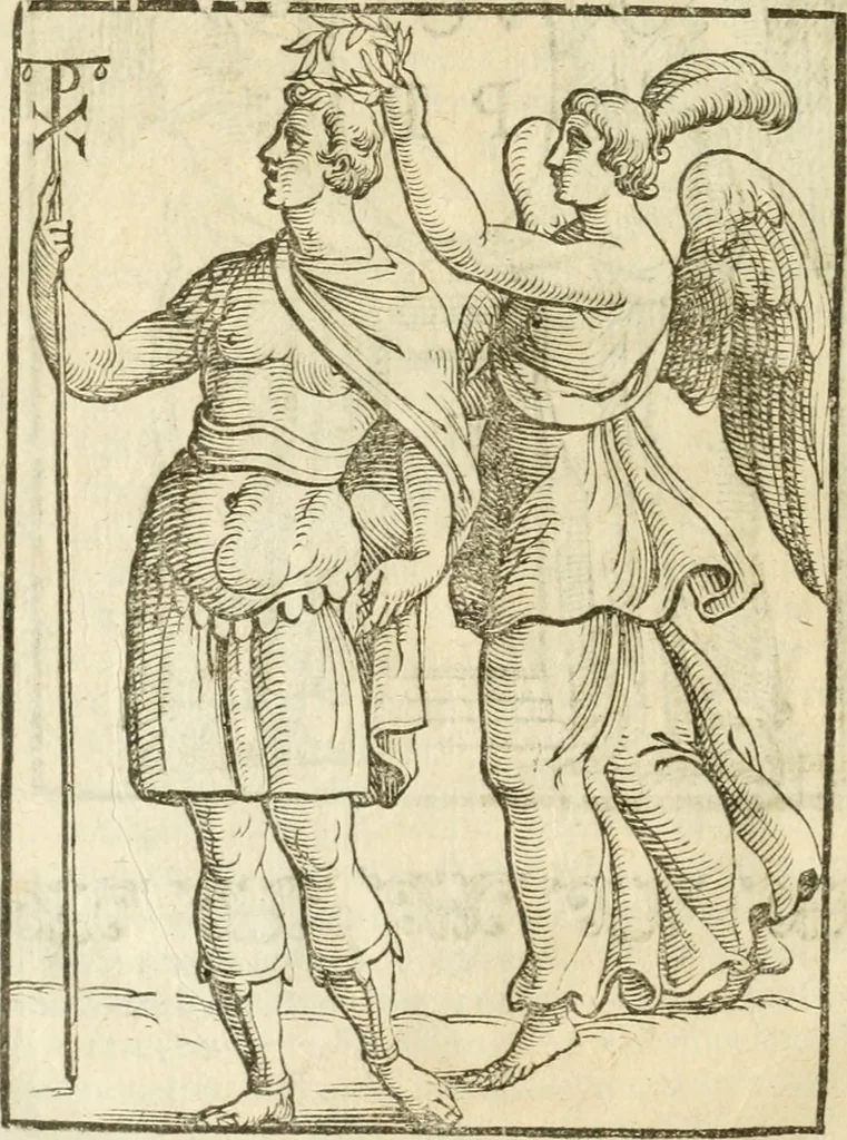 An illustration from Seconda nouissima editione delle Imagini de gli dei delli antichi di Vicenzo Cartari reggiano : ridotte da capo a piedi alle loro reali, & non più per l'adietro osseruate simiglianze : cauate da' marmi, bronzi, medaglie, gioie, & altre memorie antiche : con esquisito studio, & particolare diligenza, 1626, leaf 603