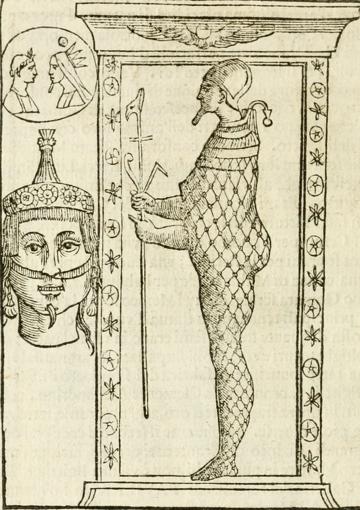 An illustration from Seconda nouissima editione delle Imagini de gli dei delli antichi di Vicenzo Cartari reggiano : ridotte da capo a piedi alle loro reali, & non più per l'adietro osseruate simiglianze : cauate da' marmi, bronzi, medaglie, gioie, & altre memorie antiche : con esquisito studio, & particolare diligenza, 1626, leaf 605