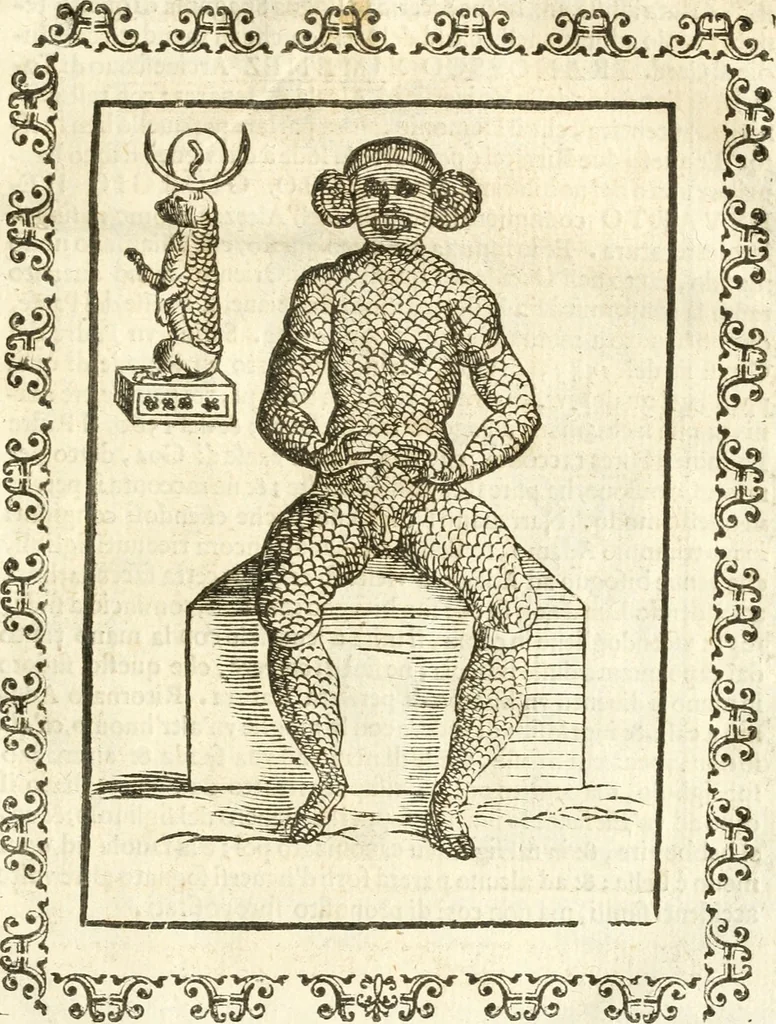 An illustration from Seconda nouissima editione delle Imagini de gli dei delli antichi di Vicenzo Cartari reggiano : ridotte da capo a piedi alle loro reali, & non più per l'adietro osseruate simiglianze : cauate da' marmi, bronzi, medaglie, gioie, & altre memorie antiche : con esquisito studio, & particolare diligenza, 1626, leaf 606