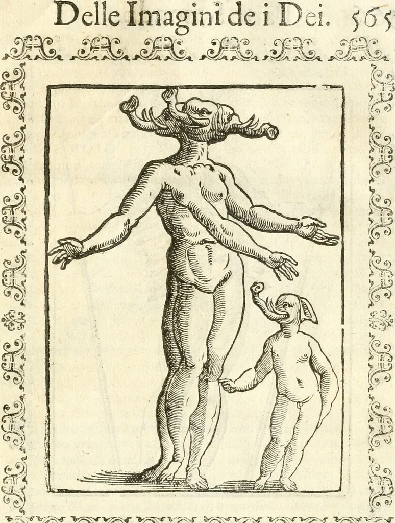An illustration from Seconda nouissima editione delle Imagini de gli dei delli antichi di Vicenzo Cartari reggiano : ridotte da capo a piedi alle loro reali, & non più per l'adietro osseruate simiglianze : cauate da' marmi, bronzi, medaglie, gioie, & altre memorie antiche : con esquisito studio, & particolare diligenza, 1626, leaf 608