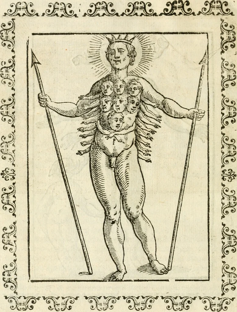 An illustration from Seconda nouissima editione delle Imagini de gli dei delli antichi di Vicenzo Cartari reggiano : ridotte da capo a piedi alle loro reali, & non più per l'adietro osseruate simiglianze : cauate da' marmi, bronzi, medaglie, gioie, & altre memorie antiche : con esquisito studio, & particolare diligenza, 1626, leaf 609