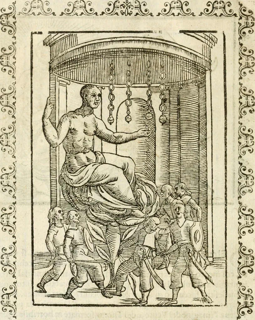 An illustration from Seconda nouissima editione delle Imagini de gli dei delli antichi di Vicenzo Cartari reggiano : ridotte da capo a piedi alle loro reali, & non più per l'adietro osseruate simiglianze : cauate da' marmi, bronzi, medaglie, gioie, & altre memorie antiche : con esquisito studio, & particolare diligenza, 1626, leaf 611