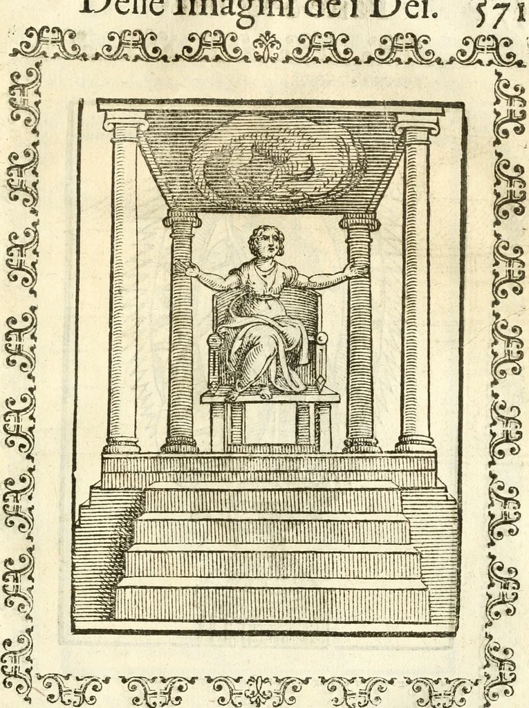 An illustration from Seconda nouissima editione delle Imagini de gli dei delli antichi di Vicenzo Cartari reggiano : ridotte da capo a piedi alle loro reali, & non più per l'adietro osseruate simiglianze : cauate da' marmi, bronzi, medaglie, gioie, & altre memorie antiche : con esquisito studio, & particolare diligenza, 1626, leaf 614
