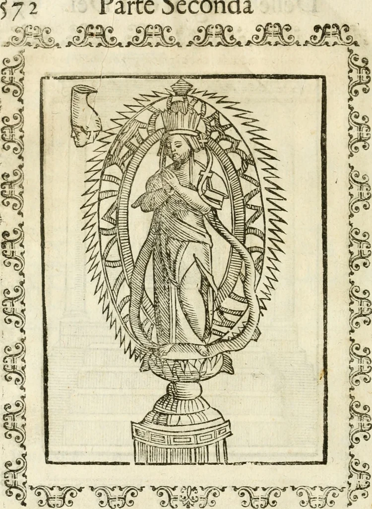 An illustration from Seconda nouissima editione delle Imagini de gli dei delli antichi di Vicenzo Cartari reggiano : ridotte da capo a piedi alle loro reali, & non più per l'adietro osseruate simiglianze : cauate da' marmi, bronzi, medaglie, gioie, & altre memorie antiche : con esquisito studio, & particolare diligenza, 1626, leaf 615