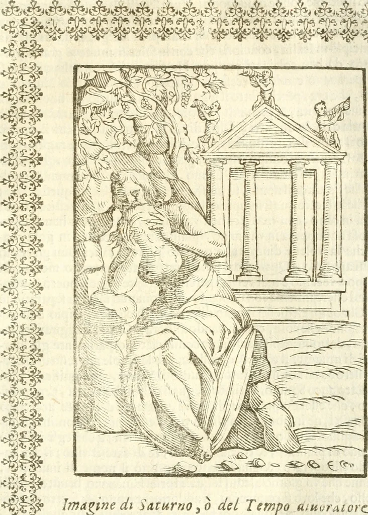An illustration from Seconda nouissima editione delle Imagini de gli dei delli antichi di Vicenzo Cartari reggiano : ridotte da capo a piedi alle loro reali, & non più per l'adietro osseruate simiglianze : cauate da' marmi, bronzi, medaglie, gioie, & altre memorie antiche : con esquisito studio, & particolare diligenza, 1626, leaf 62