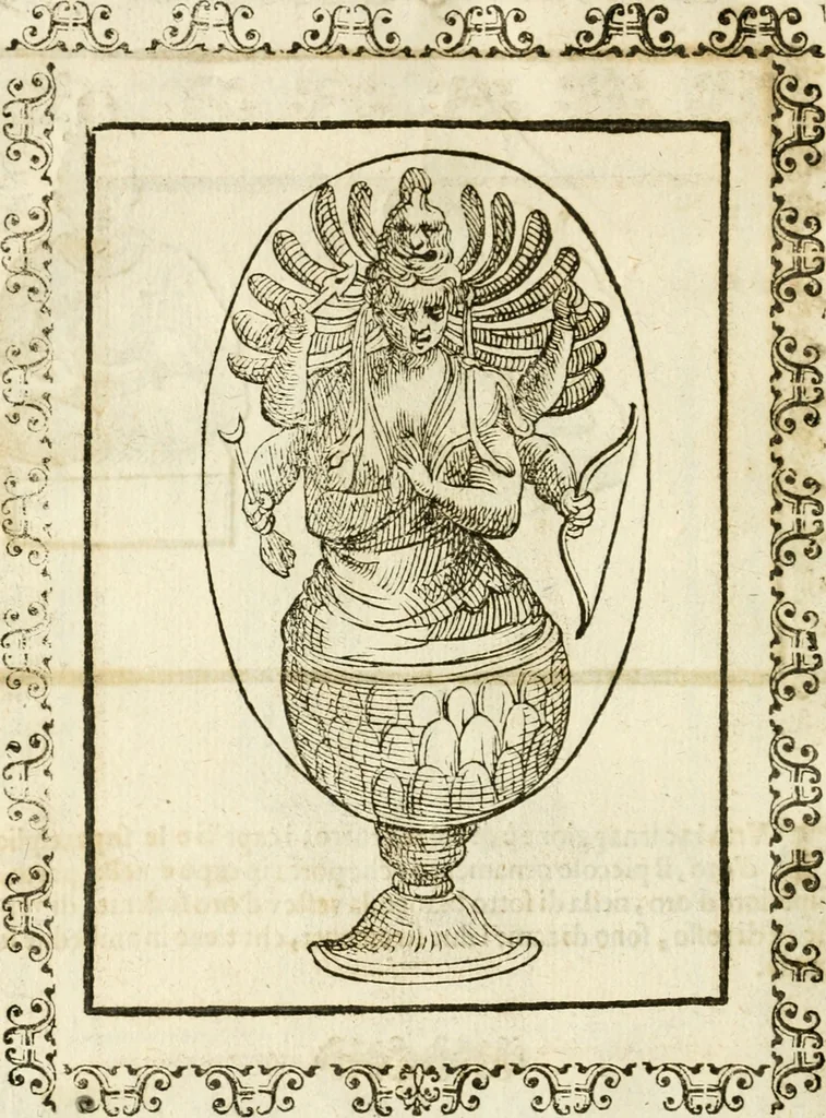 An illustration from Seconda nouissima editione delle Imagini de gli dei delli antichi di Vicenzo Cartari reggiano : ridotte da capo a piedi alle loro reali, & non più per l'adietro osseruate simiglianze : cauate da' marmi, bronzi, medaglie, gioie, & altre memorie antiche : con esquisito studio, & particolare diligenza, 1626, leaf 621