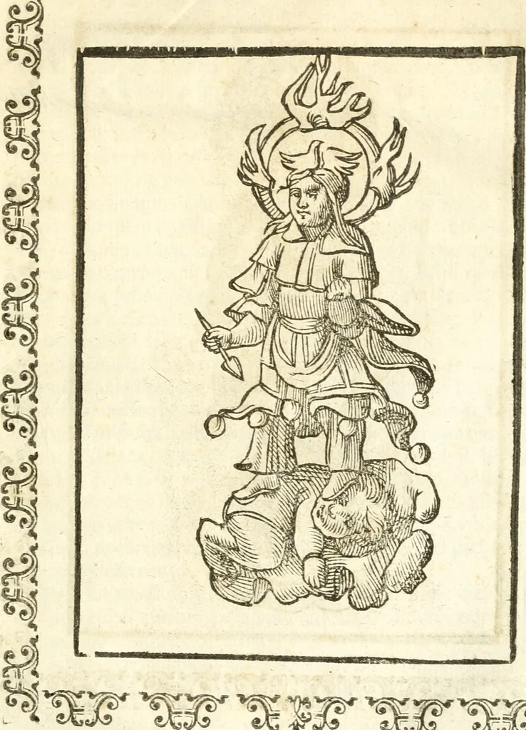 An illustration from Seconda nouissima editione delle Imagini de gli dei delli antichi di Vicenzo Cartari reggiano : ridotte da capo a piedi alle loro reali, & non più per l'adietro osseruate simiglianze : cauate da' marmi, bronzi, medaglie, gioie, & altre memorie antiche : con esquisito studio, & particolare diligenza, 1626, leaf 626