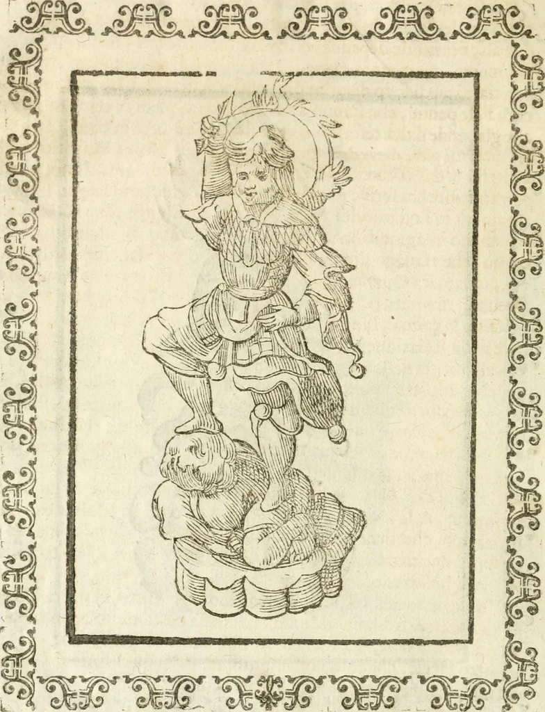 An illustration from Seconda nouissima editione delle Imagini de gli dei delli antichi di Vicenzo Cartari reggiano : ridotte da capo a piedi alle loro reali, & non più per l'adietro osseruate simiglianze : cauate da' marmi, bronzi, medaglie, gioie, & altre memorie antiche : con esquisito studio, & particolare diligenza, 1626, leaf 627
