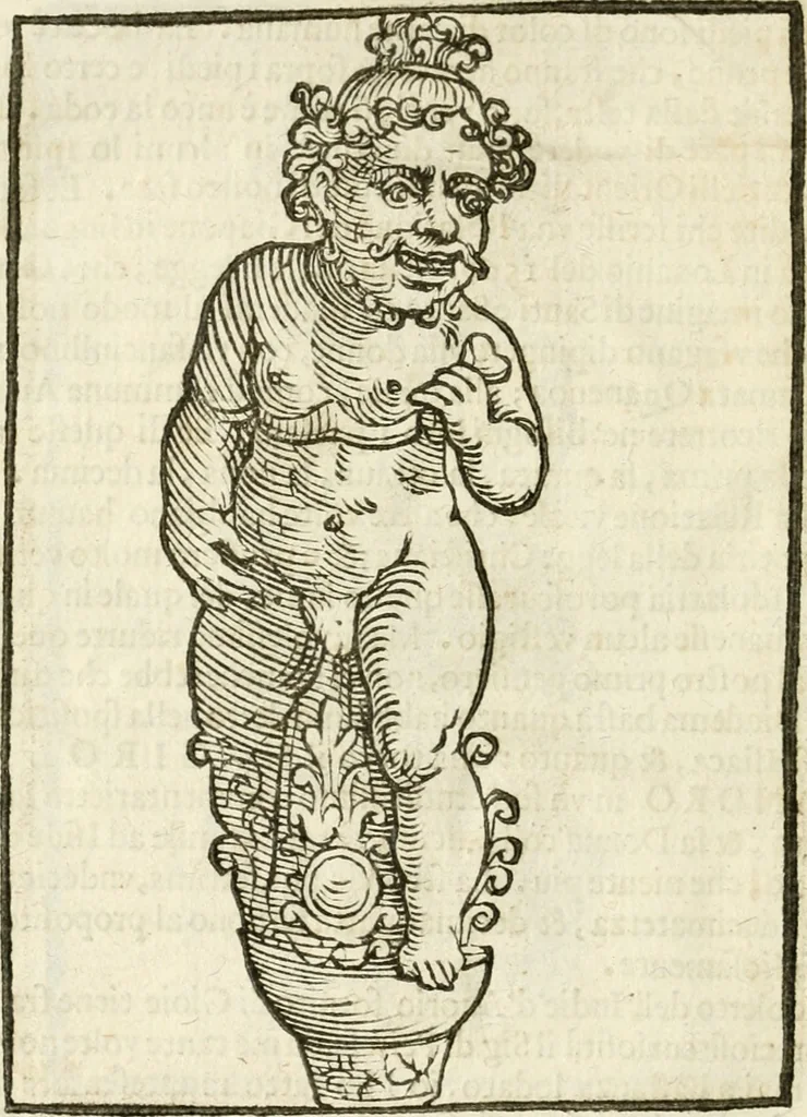 An illustration from Seconda nouissima editione delle Imagini de gli dei delli antichi di Vicenzo Cartari reggiano : ridotte da capo a piedi alle loro reali, & non più per l'adietro osseruate simiglianze : cauate da' marmi, bronzi, medaglie, gioie, & altre memorie antiche : con esquisito studio, & particolare diligenza, 1626, leaf 629