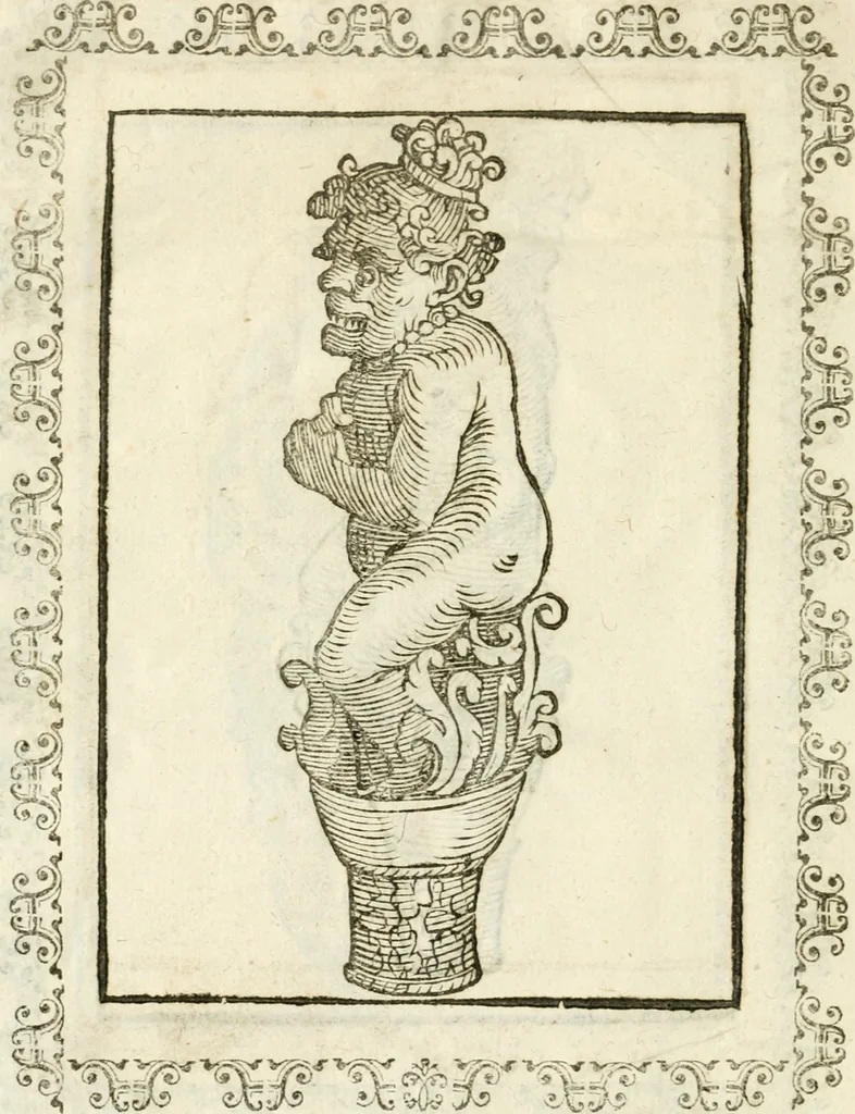 An illustration from Seconda nouissima editione delle Imagini de gli dei delli antichi di Vicenzo Cartari reggiano : ridotte da capo a piedi alle loro reali, & non più per l'adietro osseruate simiglianze : cauate da' marmi, bronzi, medaglie, gioie, & altre memorie antiche : con esquisito studio, & particolare diligenza, 1626, leaf 631