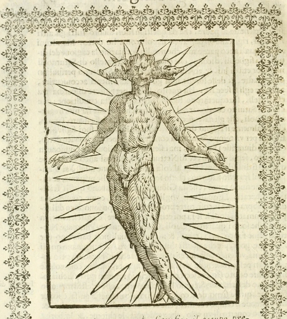An illustration from Seconda nouissima editione delle Imagini de gli dei delli antichi di Vicenzo Cartari reggiano : ridotte da capo a piedi alle loro reali, & non più per l'adietro osseruate simiglianze : cauate da' marmi, bronzi, medaglie, gioie, & altre memorie antiche : con esquisito studio, & particolare diligenza, 1626, leaf 67