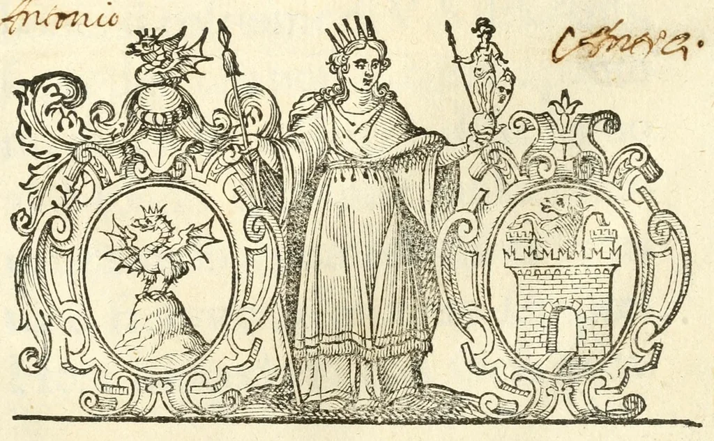 An illustration from Seconda nouissima editione delle Imagini de gli dei delli antichi di Vicenzo Cartari reggiano : ridotte da capo a piedi alle loro reali, & non più per l'adietro osseruate simiglianze : cauate da' marmi, bronzi, medaglie, gioie, & altre memorie antiche : con esquisito studio, & particolare diligenza, 1626, leaf 7