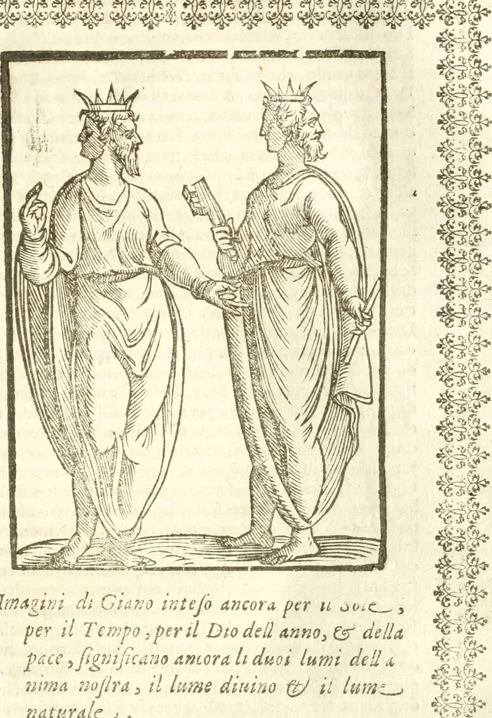 An illustration from Seconda nouissima editione delle Imagini de gli dei delli antichi di Vicenzo Cartari reggiano : ridotte da capo a piedi alle loro reali, & non più per l'adietro osseruate simiglianze : cauate da' marmi, bronzi, medaglie, gioie, & altre memorie antiche : con esquisito studio, & particolare diligenza, 1626, leaf 72