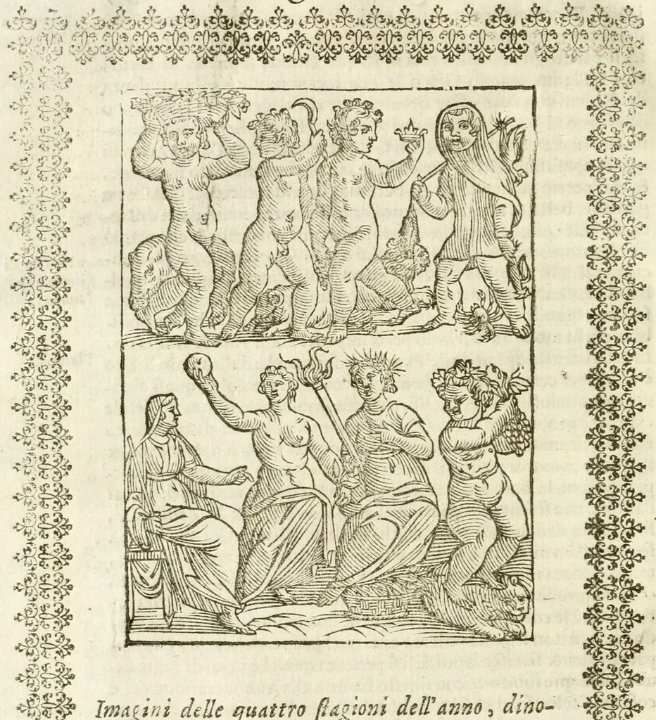 An illustration from Seconda nouissima editione delle Imagini de gli dei delli antichi di Vicenzo Cartari reggiano : ridotte da capo a piedi alle loro reali, & non più per l'adietro osseruate simiglianze : cauate da' marmi, bronzi, medaglie, gioie, & altre memorie antiche : con esquisito studio, & particolare diligenza, 1626, leaf 75