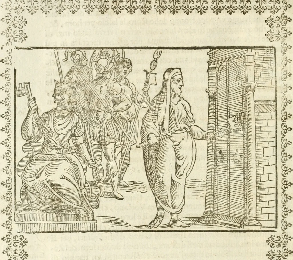 An illustration from Seconda nouissima editione delle Imagini de gli dei delli antichi di Vicenzo Cartari reggiano : ridotte da capo a piedi alle loro reali, & non più per l'adietro osseruate simiglianze : cauate da' marmi, bronzi, medaglie, gioie, & altre memorie antiche : con esquisito studio, & particolare diligenza, 1626, leaf 77
