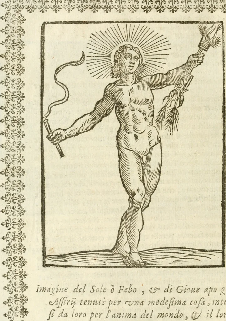An illustration from Seconda nouissima editione delle Imagini de gli dei delli antichi di Vicenzo Cartari reggiano : ridotte da capo a piedi alle loro reali, & non più per l'adietro osseruate simiglianze : cauate da' marmi, bronzi, medaglie, gioie, & altre memorie antiche : con esquisito studio, & particolare diligenza, 1626, leaf 79