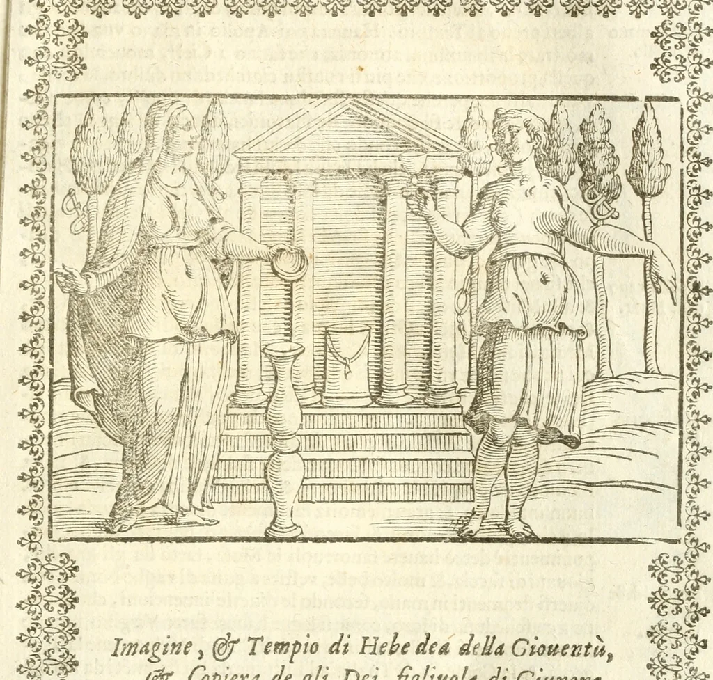 An illustration from Seconda nouissima editione delle Imagini de gli dei delli antichi di Vicenzo Cartari reggiano : ridotte da capo a piedi alle loro reali, & non più per l'adietro osseruate simiglianze : cauate da' marmi, bronzi, medaglie, gioie, & altre memorie antiche : con esquisito studio, & particolare diligenza, 1626, leaf 82