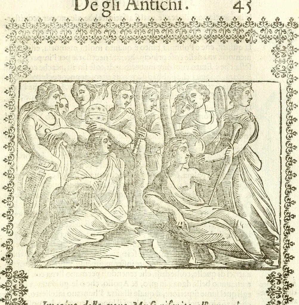 An illustration from Seconda nouissima editione delle Imagini de gli dei delli antichi di Vicenzo Cartari reggiano : ridotte da capo a piedi alle loro reali, & non più per l'adietro osseruate simiglianze : cauate da' marmi, bronzi, medaglie, gioie, & altre memorie antiche : con esquisito studio, & particolare diligenza, 1626, leaf 84