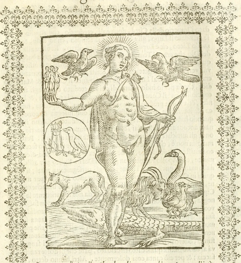 An illustration from Seconda nouissima editione delle Imagini de gli dei delli antichi di Vicenzo Cartari reggiano : ridotte da capo a piedi alle loro reali, & non più per l'adietro osseruate simiglianze : cauate da' marmi, bronzi, medaglie, gioie, & altre memorie antiche : con esquisito studio, & particolare diligenza, 1626, leaf 88
