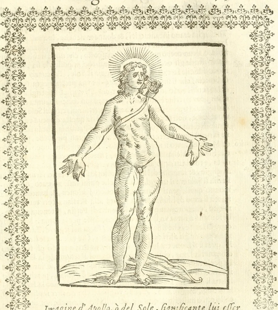 An illustration from Seconda nouissima editione delle Imagini de gli dei delli antichi di Vicenzo Cartari reggiano : ridotte da capo a piedi alle loro reali, & non più per l'adietro osseruate simiglianze : cauate da' marmi, bronzi, medaglie, gioie, & altre memorie antiche : con esquisito studio, & particolare diligenza, 1626, leaf 94