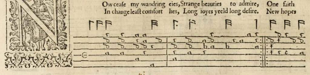 An illustration from The second booke of songs, or, Ayres, of 2. 4. and 5. parts : with tableture for the lute or orpherian, with the violl de gamba, 1600, leaf 36