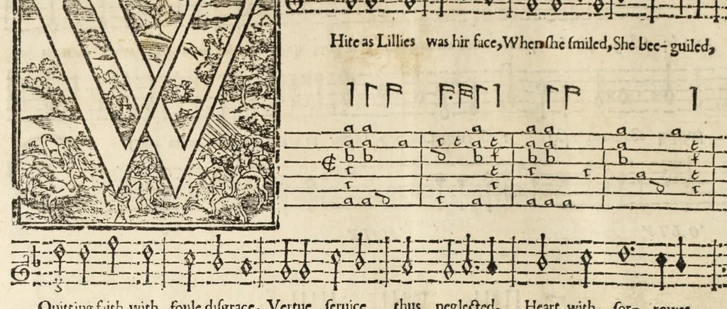An illustration from The second booke of songs, or, Ayres, of 2. 4. and 5. parts : with tableture for the lute or orpherian, with the violl de gamba, 1600, leaf 40