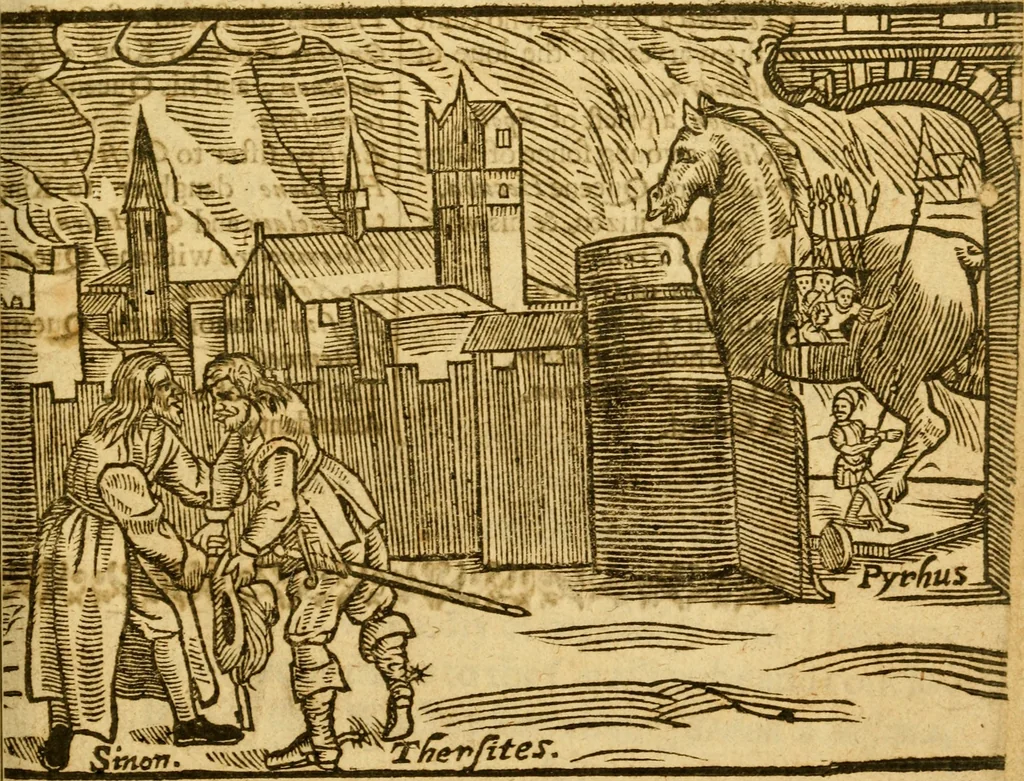An illustration from The second part of The Iron Age : which contayneth the death of Penthesilea, P[aris], Priam, and Hecuba; the burning of Troy; the death[s] of Agamemnon, Menelaus, Critemnestra, Hellena, Orestes, Egistus, Pillades, King Diomed, Pyrhus, Cethus, Synon, Thersites, &c., 1632, leaf 6