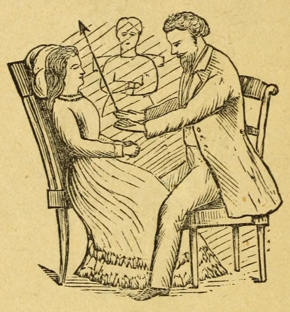 An illustration from The secret book of the black arts : containing all that is known upon the occult sciences of daemonology, spirit rappings, witchcraft, sorcery, astrology, palmistry, mind reading, spiritualism, table turning, ghosts and apparitions, omens, lucky and unlucky signs and days, dreams, charms, divination, second sight, mesmerism, clairvoyance, psychological fascination, etc. ... : together with a mass of other matter, giving inner views of the arts and sciences, whether recondite and obscure, or plain and practical, 1878, leaf 144