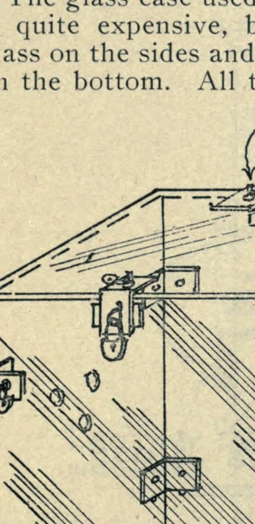 An illustration from Secrets of the great mysteries now revealed for the first time : handcuffs, iron box, iron bottle, iron boiler, coffin, rope chair, mail bag, band box, tramp chair, glass case, paper bag, packing case, straight jacket : a complete guide and reliable authority on all tricks. Full explanation of how the various tricks are performed, with diagrams and illustrations, 1909, leaf 29