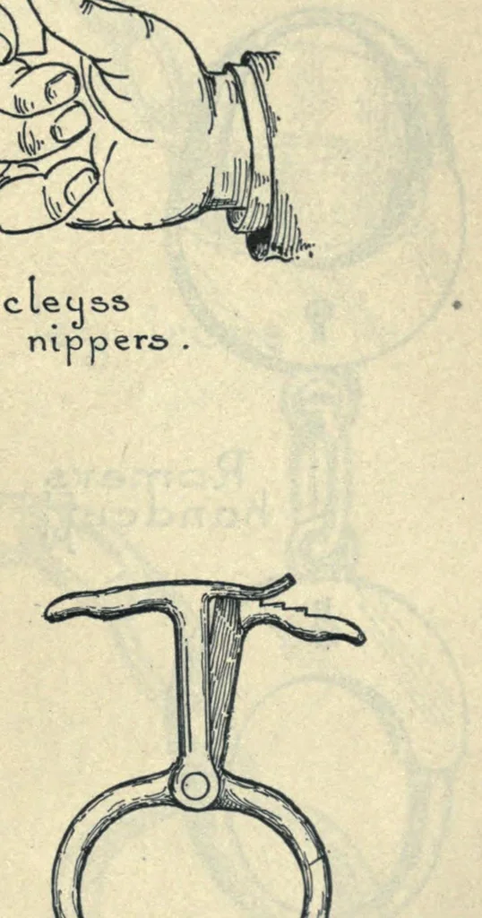 An illustration from Secrets of the great mysteries now revealed for the first time : handcuffs, iron box, iron bottle, iron boiler, coffin, rope chair, mail bag, band box, tramp chair, glass case, paper bag, packing case, straight jacket : a complete guide and reliable authority on all tricks. Full explanation of how the various tricks are performed, with diagrams and illustrations, 1909, leaf 71