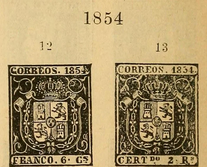 An illustration from Segunda edición del catálogo descriptivo de los sellos de correos de España y sus colonias, 1890, leaf 10