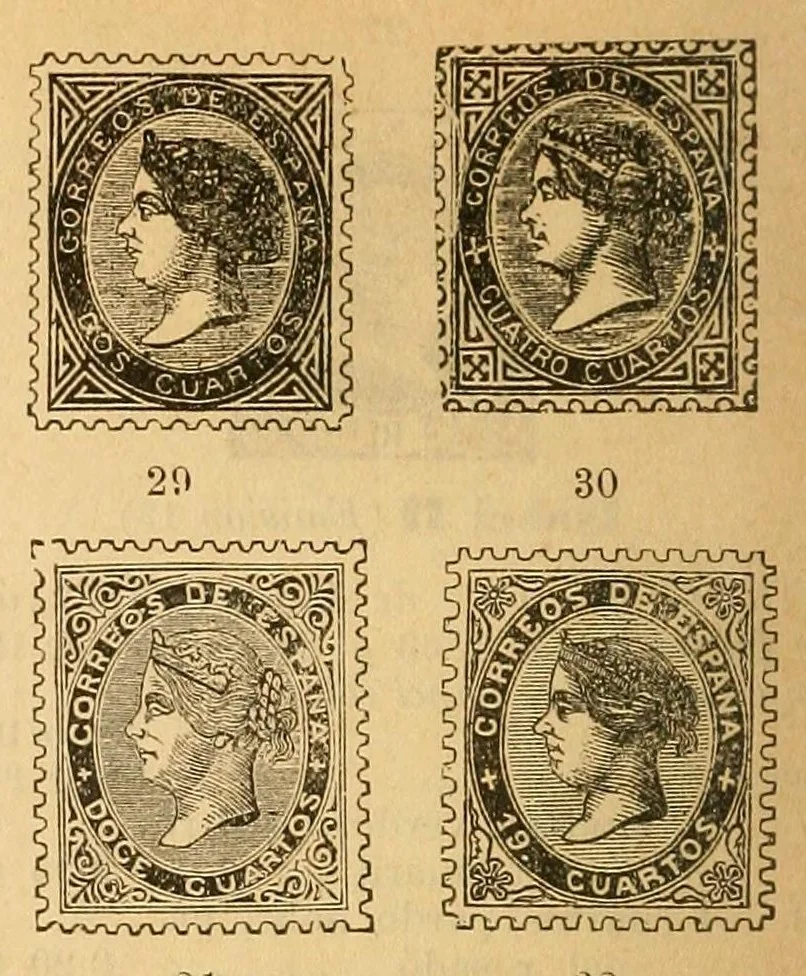 An illustration from Segunda edición del catálogo descriptivo de los sellos de correos de España y sus colonias, 1890, leaf 14