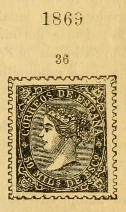 An illustration from Segunda edición del catálogo descriptivo de los sellos de correos de España y sus colonias, 1890, leaf 15