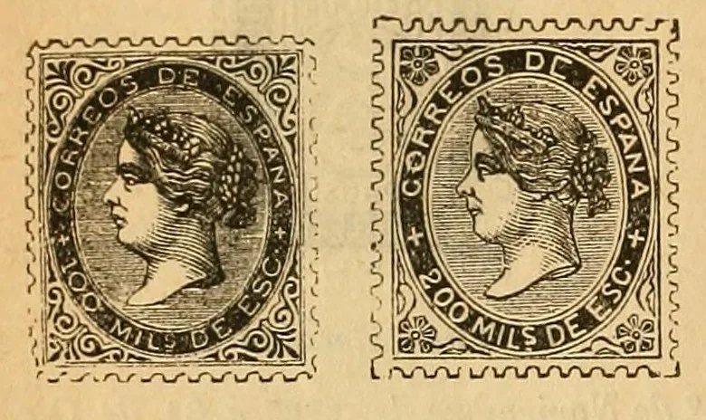 An illustration from Segunda edición del catálogo descriptivo de los sellos de correos de España y sus colonias, 1890, leaf 16