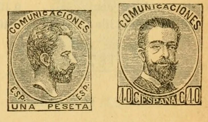 An illustration from Segunda edición del catálogo descriptivo de los sellos de correos de España y sus colonias, 1890, leaf 19