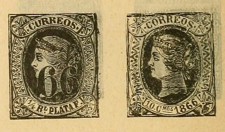 An illustration from Segunda edición del catálogo descriptivo de los sellos de correos de España y sus colonias, 1890, leaf 32