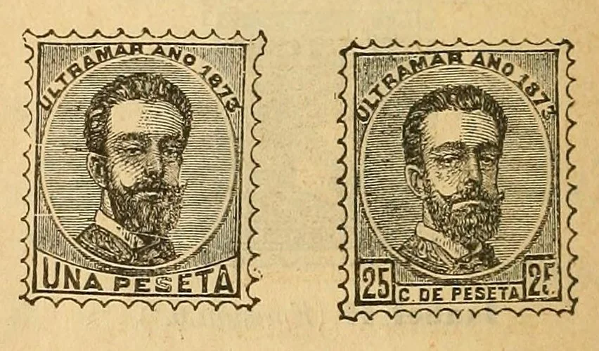 An illustration from Segunda edición del catálogo descriptivo de los sellos de correos de España y sus colonias, 1890, leaf 34