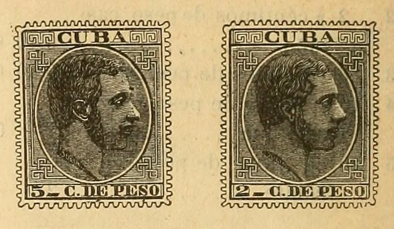 An illustration from Segunda edición del catálogo descriptivo de los sellos de correos de España y sus colonias, 1890, leaf 40