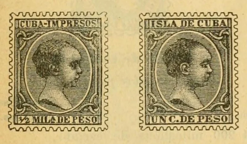 An illustration from Segunda edición del catálogo descriptivo de los sellos de correos de España y sus colonias, 1890, leaf 41