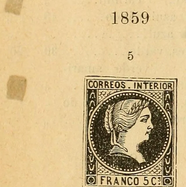 An illustration from Segunda edición del catálogo descriptivo de los sellos de correos de España y sus colonias, 1890, leaf 56