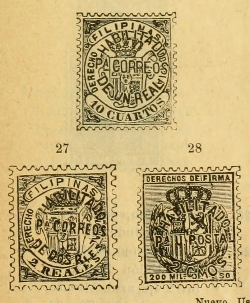 An illustration from Segunda edición del catálogo descriptivo de los sellos de correos de España y sus colonias, 1890, leaf 63