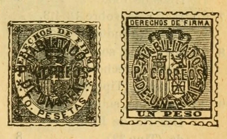An illustration from Segunda edición del catálogo descriptivo de los sellos de correos de España y sus colonias, 1890, leaf 63