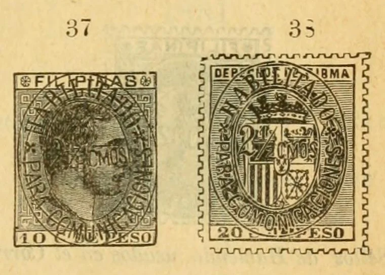 An illustration from Segunda edición del catálogo descriptivo de los sellos de correos de España y sus colonias, 1890, leaf 65